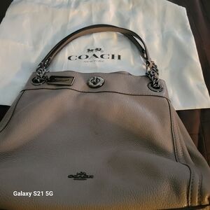 COACH Turnlock Edie Shoulder Bag Taupe Pebbled Leather  Gunmetal Hardware